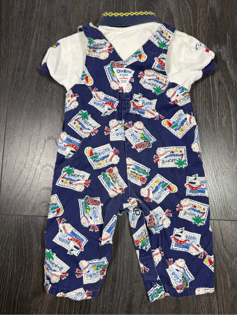Vintage OshKosh B'gosh Navy Travel Stamp Printed Overalls - Picture 5 of 9
